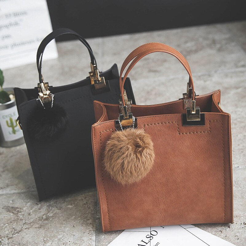 Handbag women casual tote bag female large shoulder messenger bags high quality Suede Leather handbag with fur ball