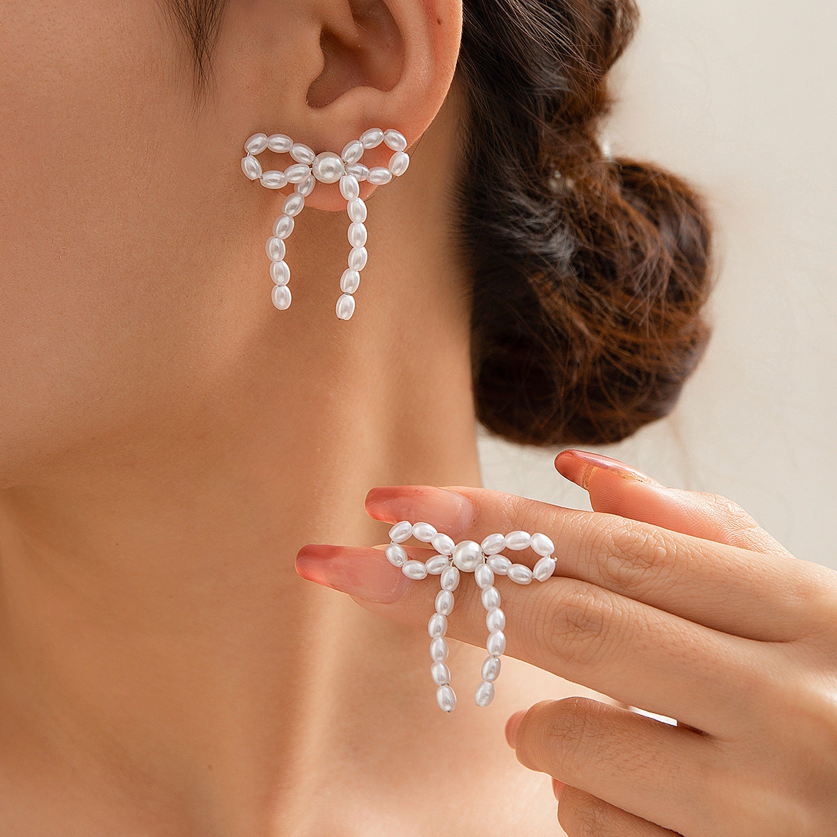 Hot selling bow tie French tassel earrings with simple imitation pearl BowEarring earrings