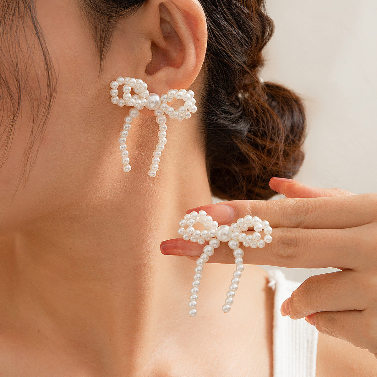 Hot selling bow tie French tassel earrings with simple imitation pearl BowEarring earrings