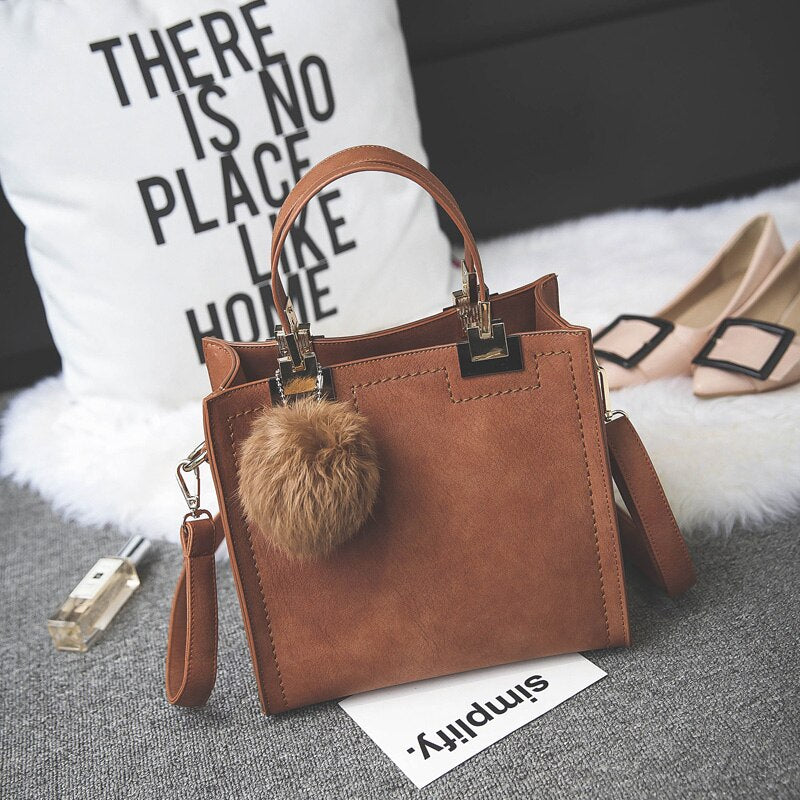 Handbag women casual tote bag female large shoulder messenger bags high quality Suede Leather handbag with fur ball