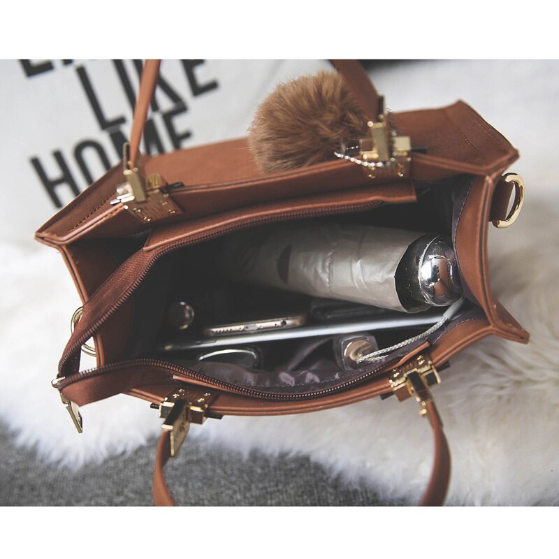 Handbag women casual tote bag female large shoulder messenger bags high quality Suede Leather handbag with fur ball