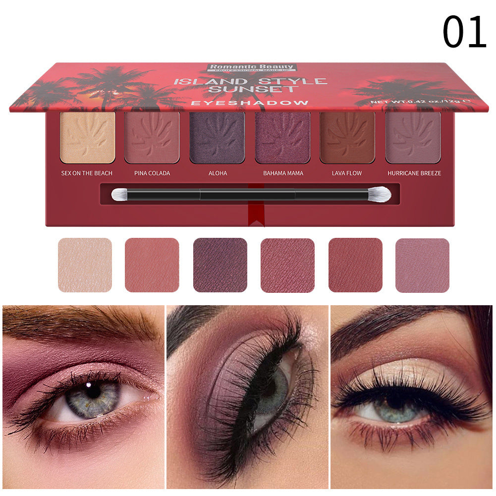 Romantic Beauty 6 Color Pearlescent Matte Eye Shadow Plate Sunset Pattern Eye Shadow With Brush Head