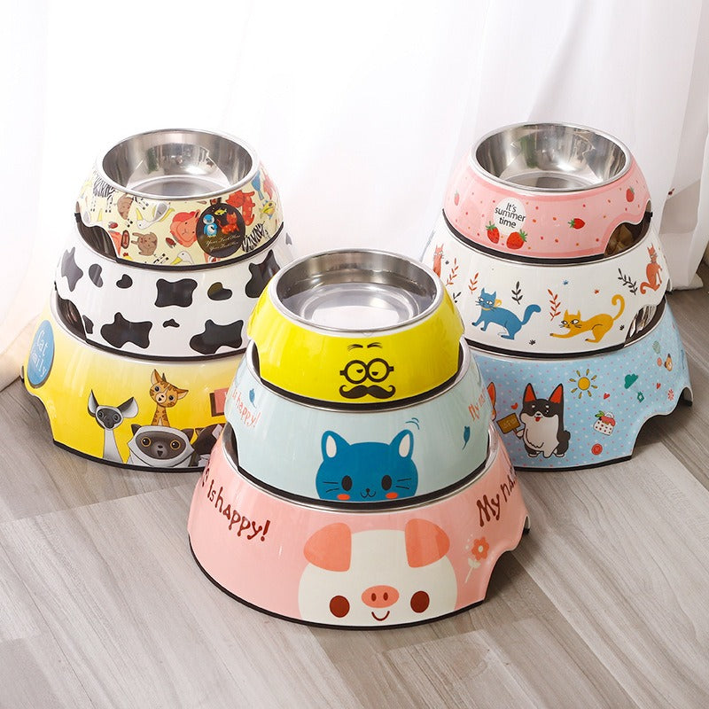 Minebea Pet Bowl Cartoon Two-In-One Dog Bowl Water Bowl Stainless Steel Dog Bowl