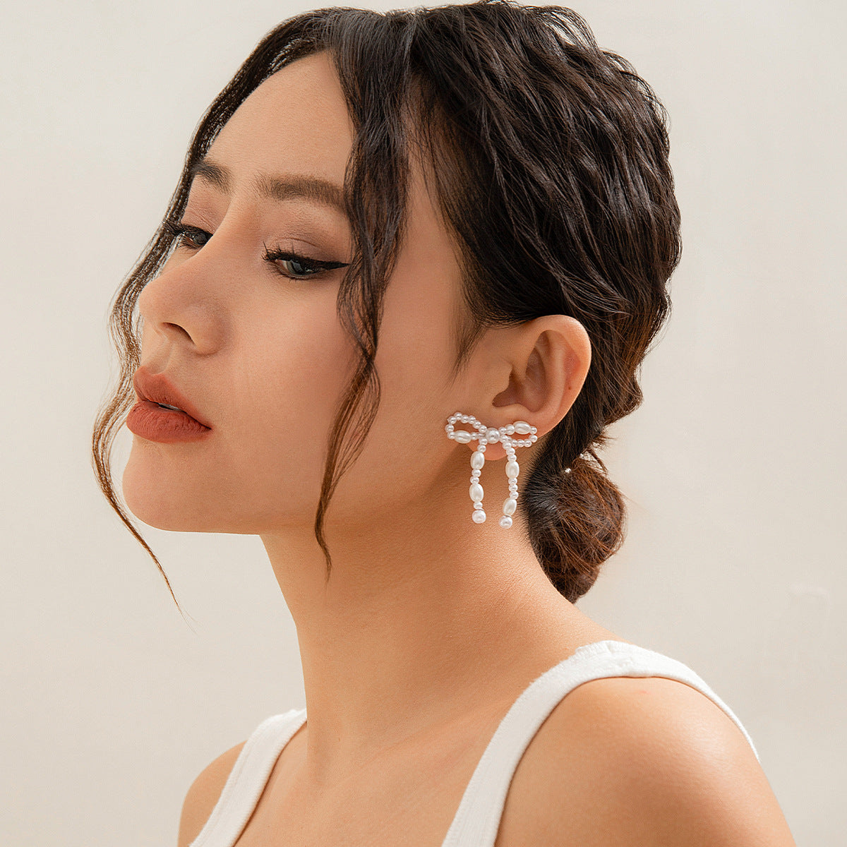 Hot selling bow tie French tassel earrings with simple imitation pearl BowEarring earrings