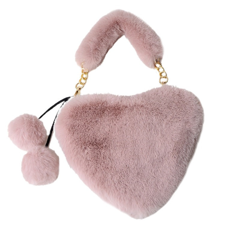 Cyber Red Fashion Plush Heart shaped Bag Women's Handbag Obliquely Straddle with Heart Heart Love Hairpin Wallet