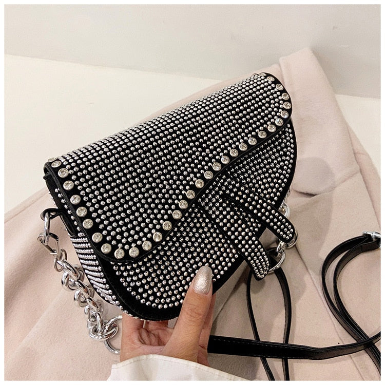 Elegant Women's Bag Sparkling Diamond Pure Color Saddle Handbag Luxury Chain Strap PU Leather Crossbody Bag