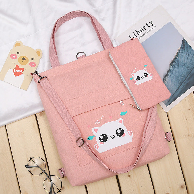 Cute Cat Printed Canvas Bag Can Shoulder Simple Creative Handbag Student Class Large-Capacity Messenger Bag