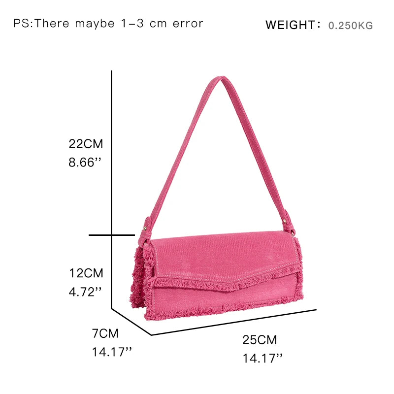 Pink Fringe Women's Canvas Underarm Shoulder Bag Small Flap Over Clutch Handbag Unique Single Sling Purse