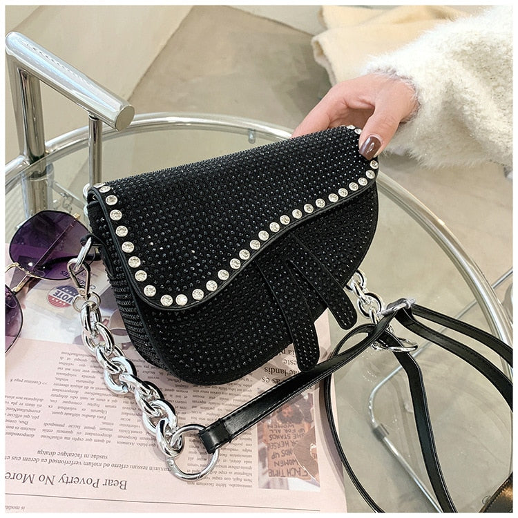 Elegant Women's Bag Sparkling Diamond Pure Color Saddle Handbag Luxury Chain Strap PU Leather Crossbody Bag