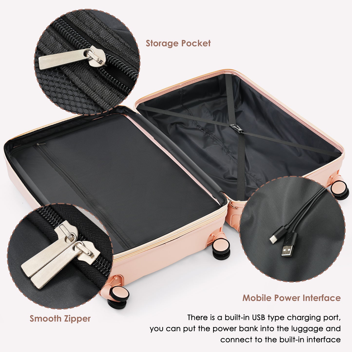 Elegant 3-Piece Luggage Set 20 inches ABS Hard Shell Luggage with USB port and cup holder Rotating Wheel Pink Set