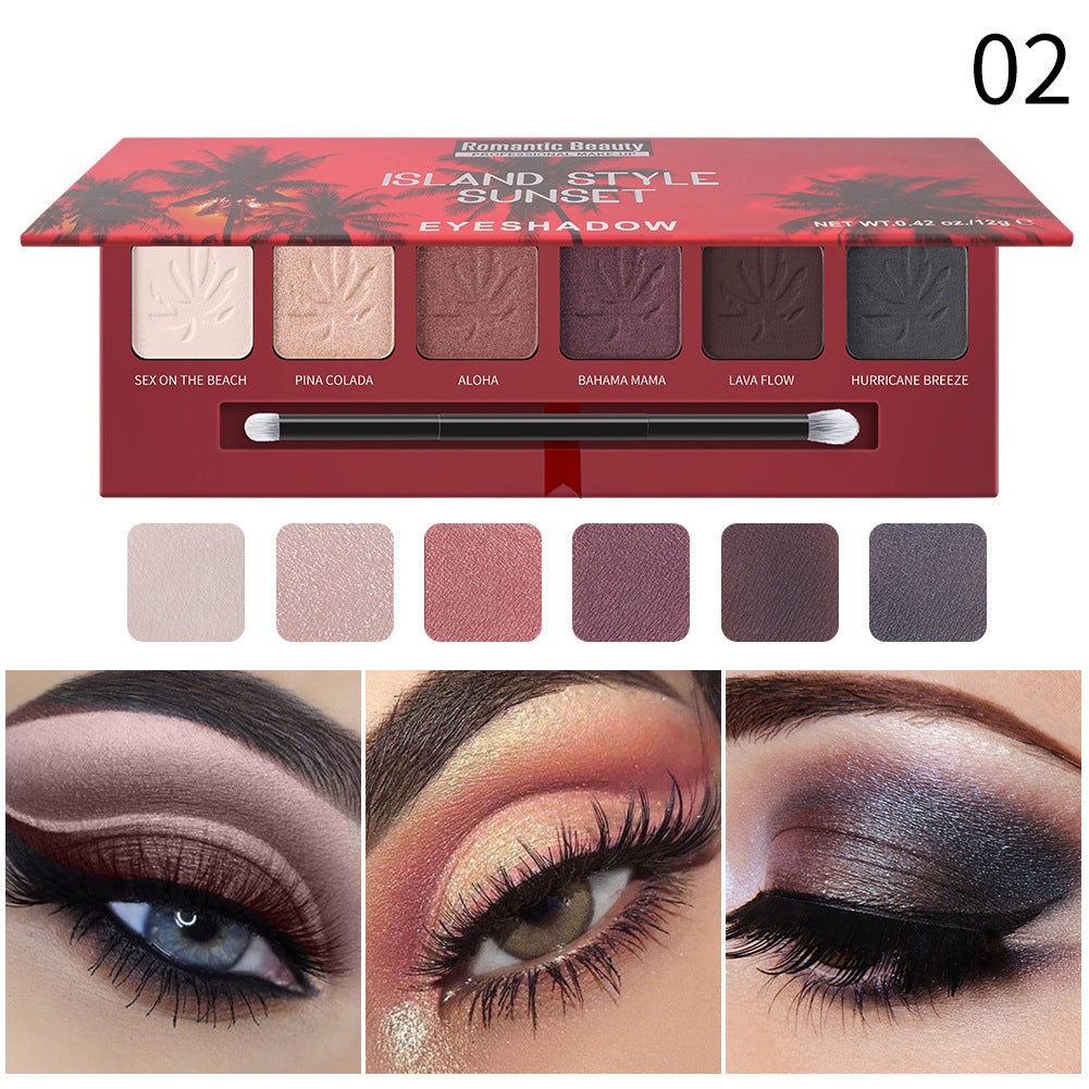 Romantic Beauty 6 Color Pearlescent Matte Eye Shadow Plate Sunset Pattern Eye Shadow With Brush Head