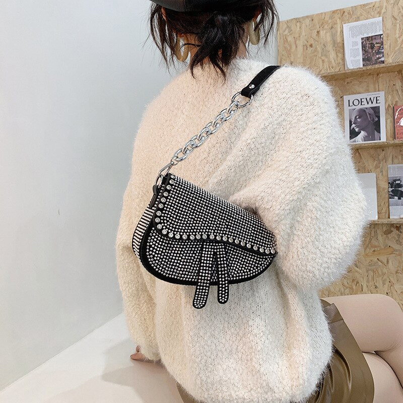 Elegant Women's Bag Sparkling Diamond Pure Color Saddle Handbag Luxury Chain Strap PU Leather Crossbody Bag