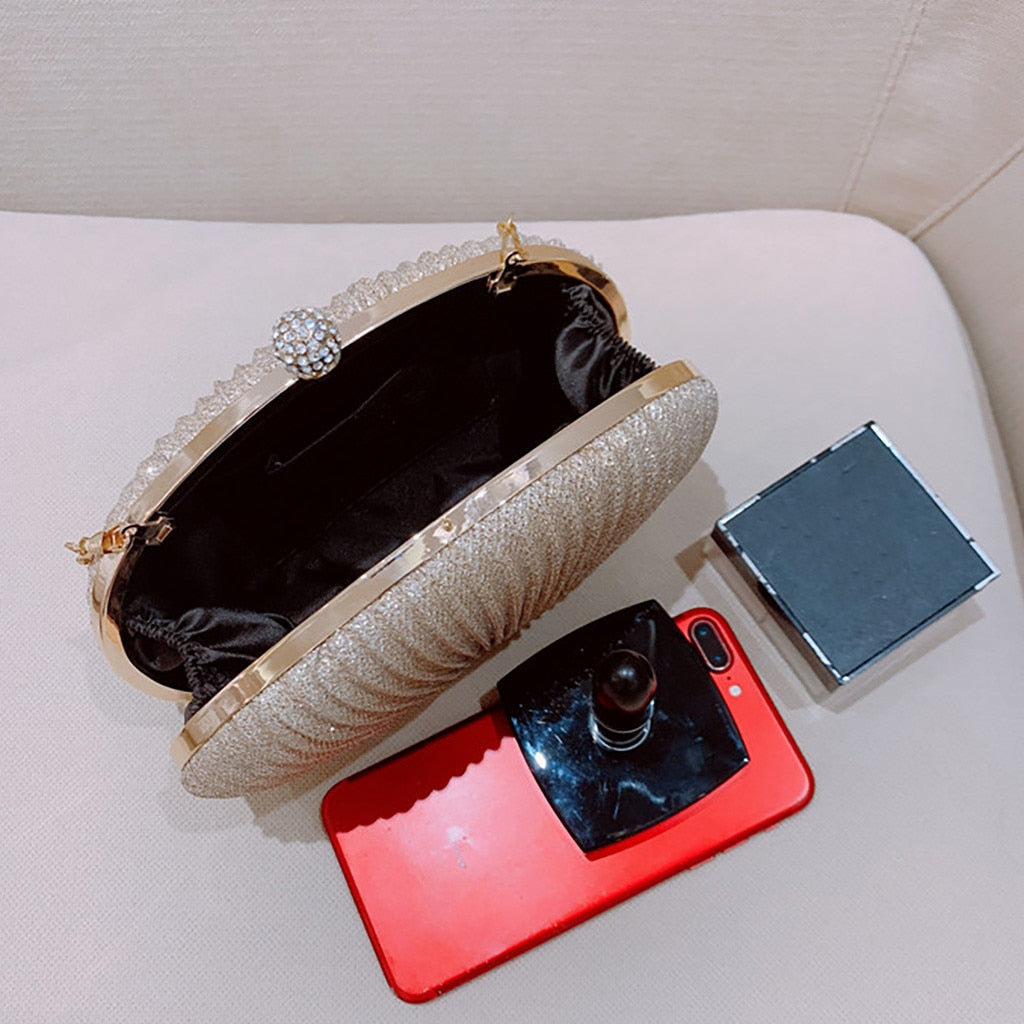 Women shell Evening Bag Simple Handbag Solid color Party Sparkly Clutch Pleated Handbag kadın Canta Sac Cuir Femme Bolso Mujer