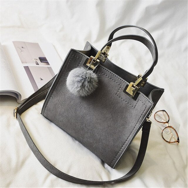 Handbag women casual tote bag female large shoulder messenger bags high quality Suede Leather handbag with fur ball