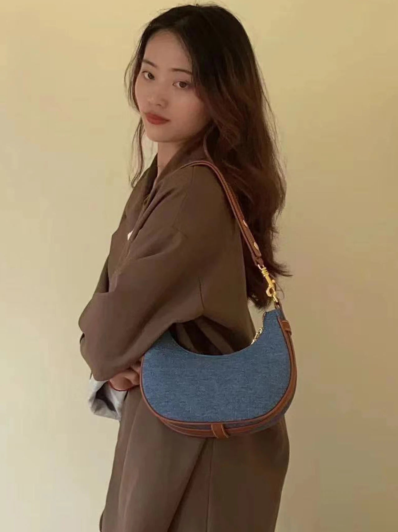 Denim Half Moon Women Hobo Shoulder Purses  Luxury Brand Leather Tote Handbag Vintage Sling Crossbody Bag