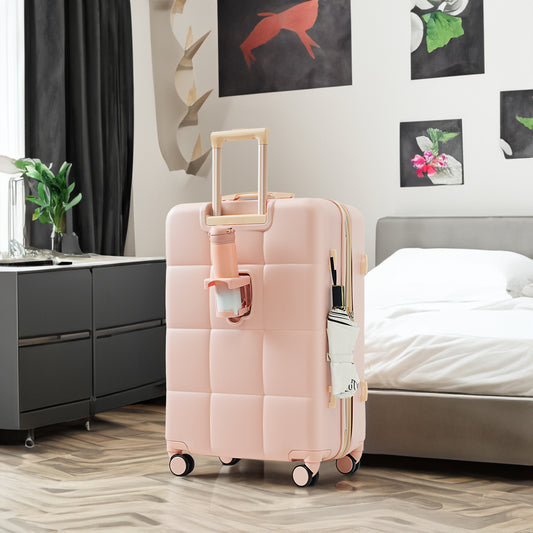 Elegant 3-Piece Luggage Set 20 inches ABS Hard Shell Luggage with USB port and cup holder Rotating Wheel Pink Set