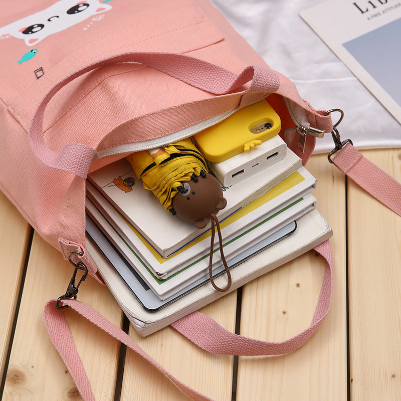 Cute Cat Printed Canvas Bag Can Shoulder Simple Creative Handbag Student Class Large-Capacity Messenger Bag