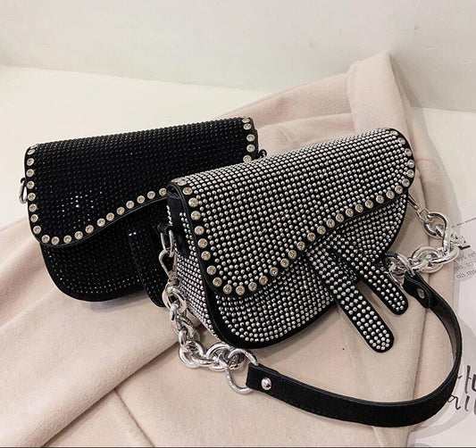 Elegant Women's Bag Sparkling Diamond Pure Color Saddle Handbag Luxury Chain Strap PU Leather Crossbody Bag