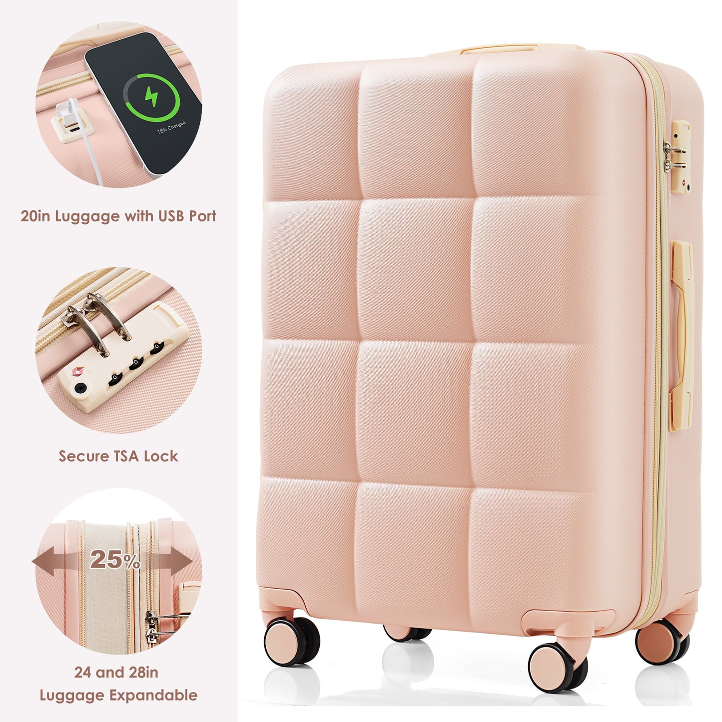 Elegant 3-Piece Luggage Set 20 inches ABS Hard Shell Luggage with USB port and cup holder Rotating Wheel Pink Set