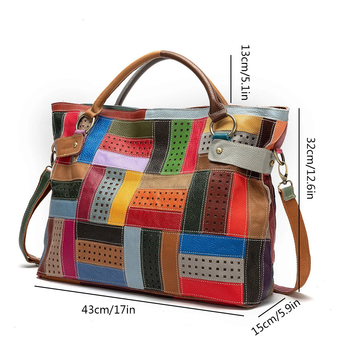 Leather head layer cowhide geometric pattern color splicing random color large handbag crossbody bag women's bag