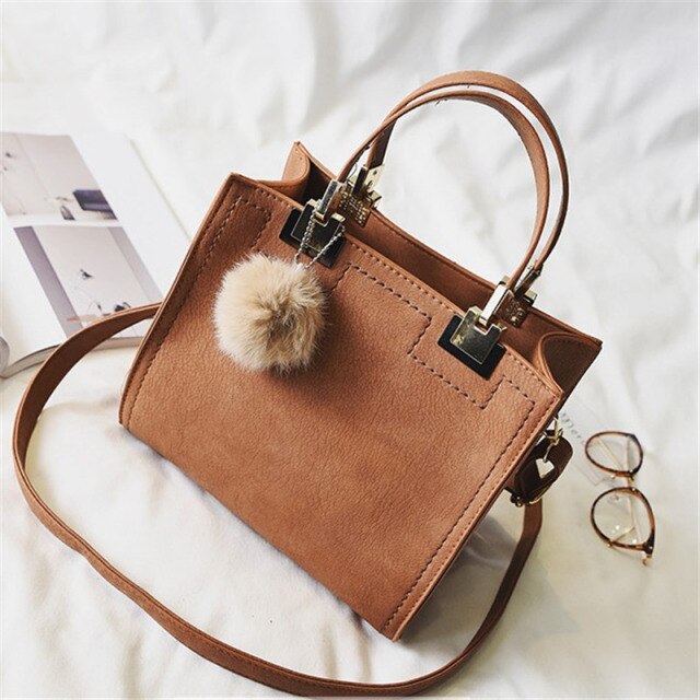 Handbag women casual tote bag female large shoulder messenger bags high quality Suede Leather handbag with fur ball