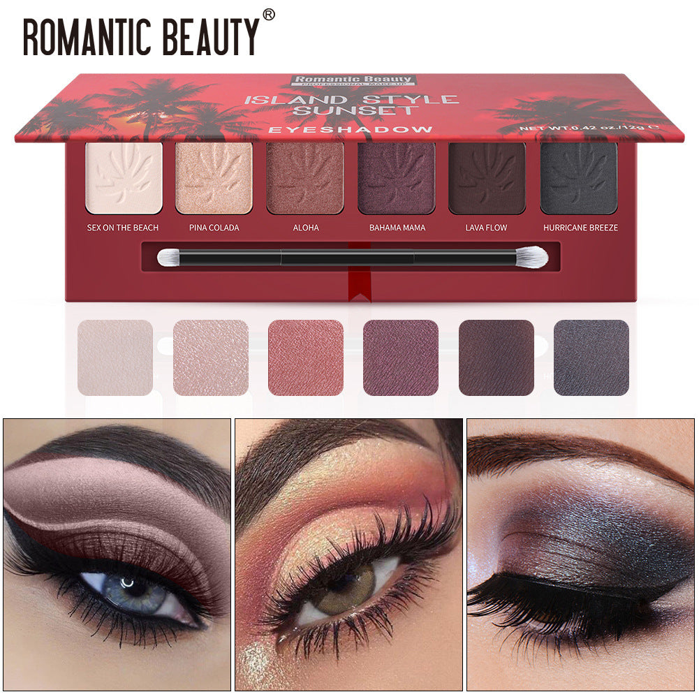 Romantic Beauty 6 Color Pearlescent Matte Eye Shadow Plate Sunset Pattern Eye Shadow With Brush Head