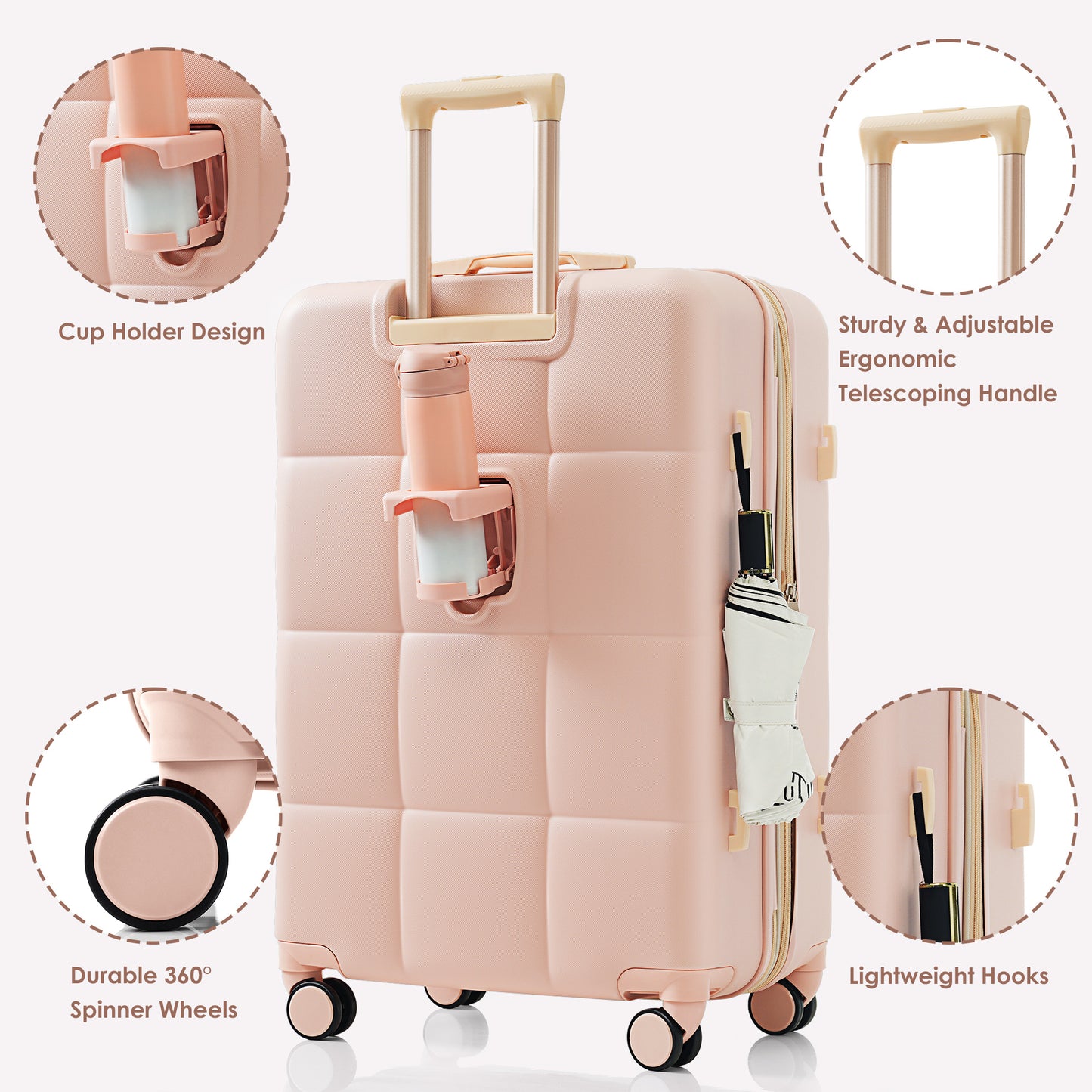 Elegant 3-Piece Luggage Set 20 inches ABS Hard Shell Luggage with USB port and cup holder Rotating Wheel Pink Set