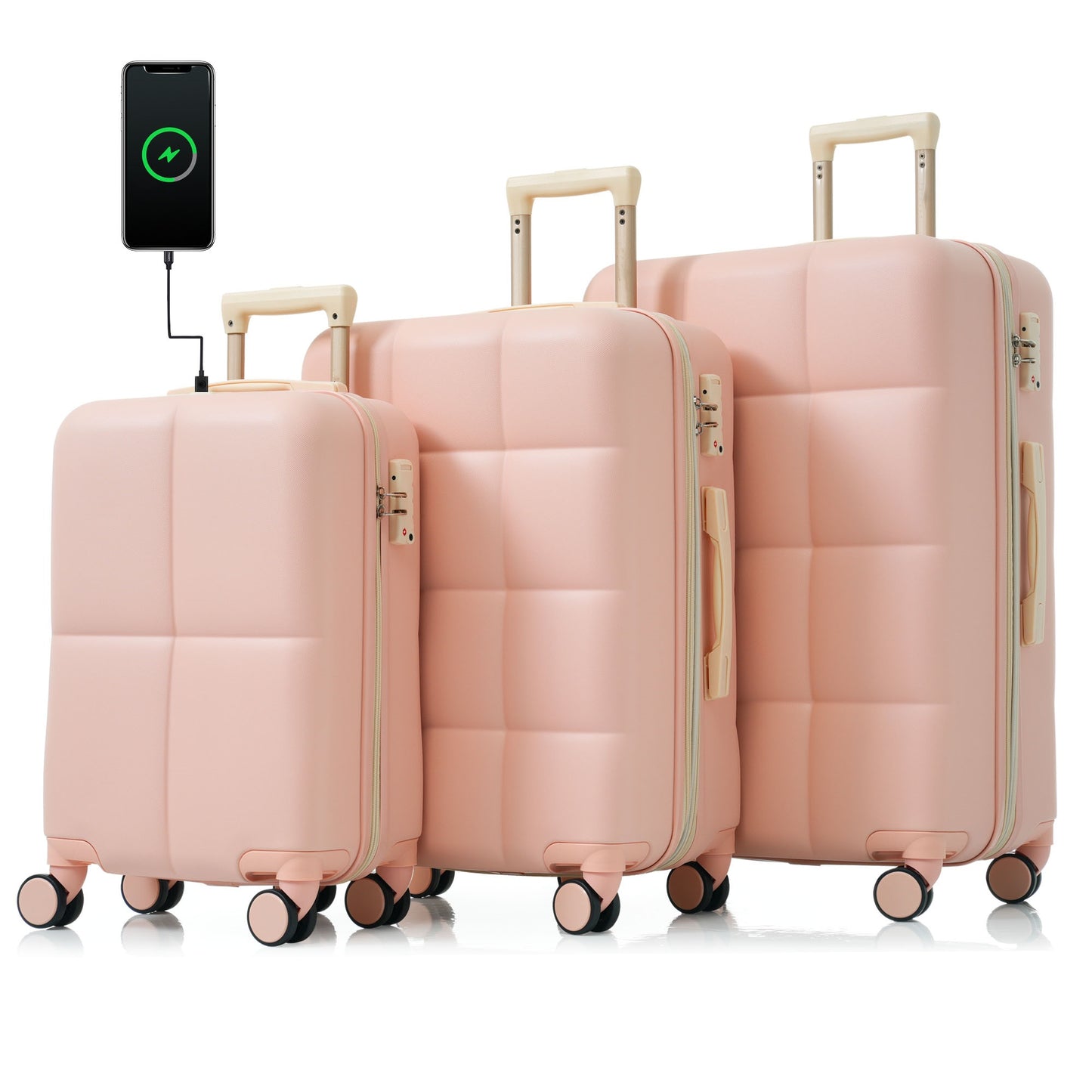 Elegant 3-Piece Luggage Set 20 inches ABS Hard Shell Luggage with USB port and cup holder Rotating Wheel Pink Set