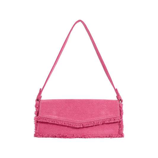 Pink Fringe Women's Canvas Underarm Shoulder Bag Small Flap Over Clutch Handbag Unique Single Sling Purse