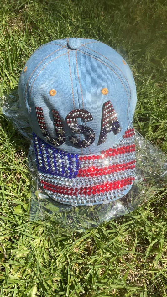 American Flag Hat, Patriotic USA Bling Hat, Sparkling Rhinestone Denim Baseball Cap, Gift for Independence Day （sky blue）