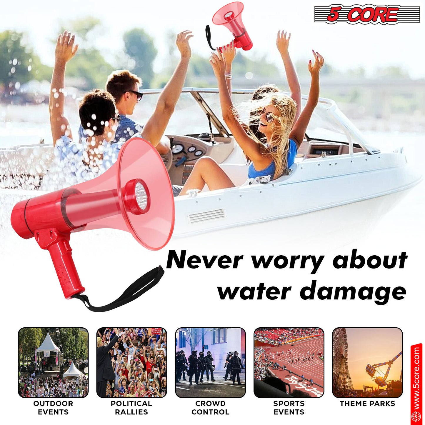 5 Core 40W Waterproof Megaphone Bullhorn Flashlight PRO Fire Army Grade - Battery + LED Light + Adj Volume + Siren Handheld Lightweight for Water Sports Boat Speaker- HW 18 WP RED