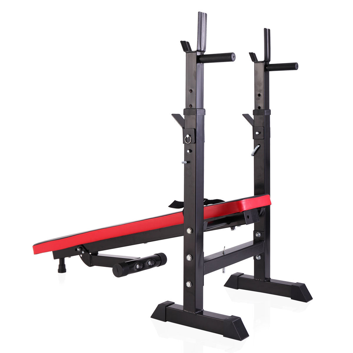 Workout Station Adjustable Workout Bench with Squat Rack Folding Multifunctional - balck red