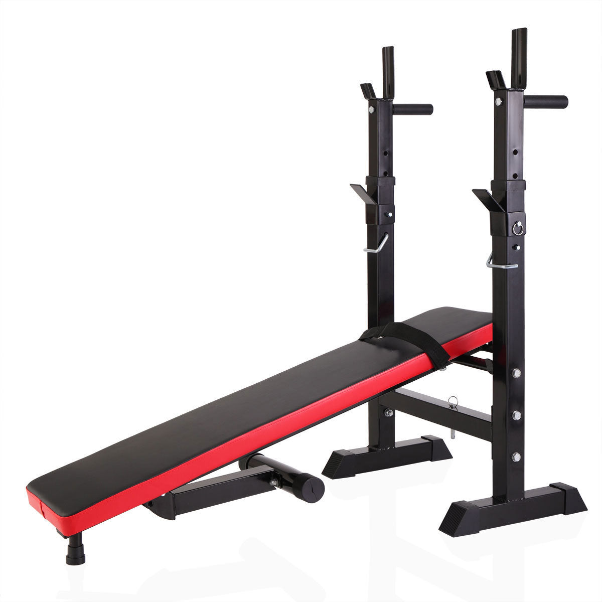 Workout Station Adjustable Workout Bench with Squat Rack Folding Multifunctional - balck red