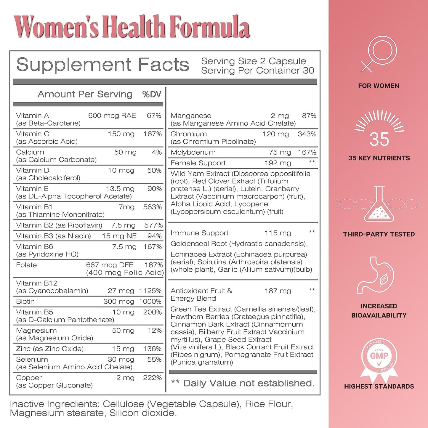 Womens Multivitamin Mineral Complex with Plant Based Extracts Hair Skin and Nails Vitamins Foundational Multivitamin for Women 30 Day Supply