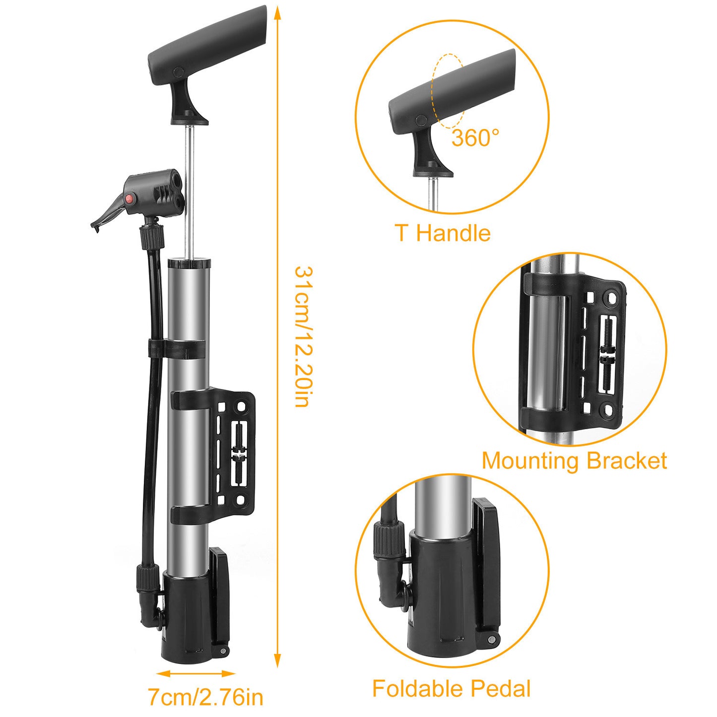 On T he Go Mini Portable Bike Pump Bicycle Tire Inflator Ball Air Pump w/ Mount Frame For Mountain Road Bike