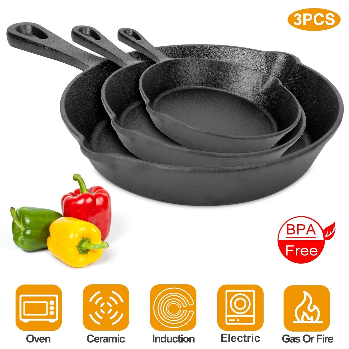 Pre-Seasoned 3 Piece Non Stick Cast Iron Skillet Set 6 inch 8 inch 10 inch Oven Safe Cookware Heat-Resistant Frying Pan