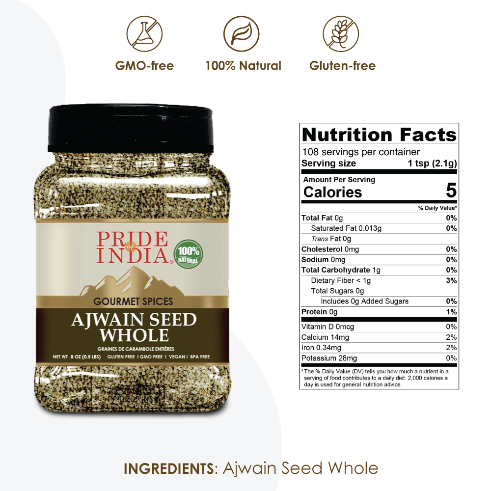 Pride of India – Ajwain Seed Whole – Gourmet Carom Seeds – Flavoring agent for Savory Dishes – Aromatic & Nutrient Dense – Easy to Use – 8 oz. Medium Dual Sifter Jar