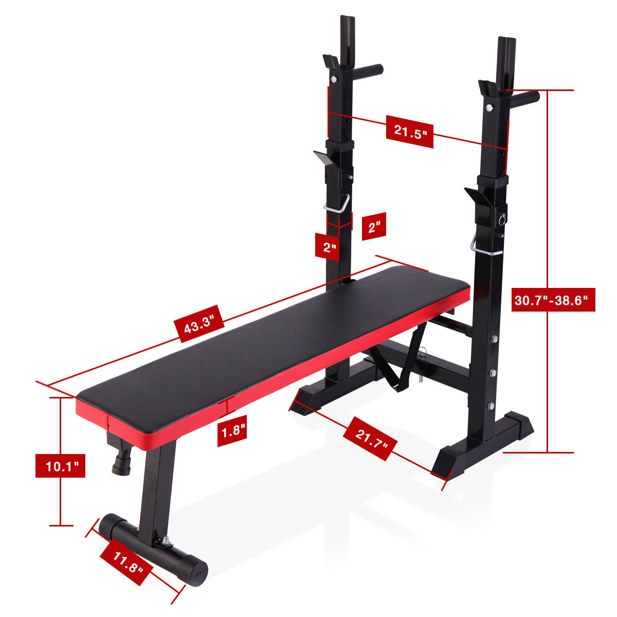 Workout Station Adjustable Workout Bench with Squat Rack Folding Multifunctional - balck red