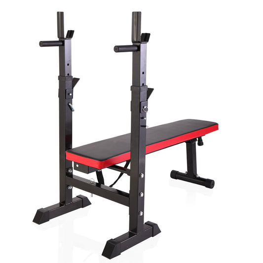 Workout Station Adjustable Workout Bench with Squat Rack Folding Multifunctional - balck red