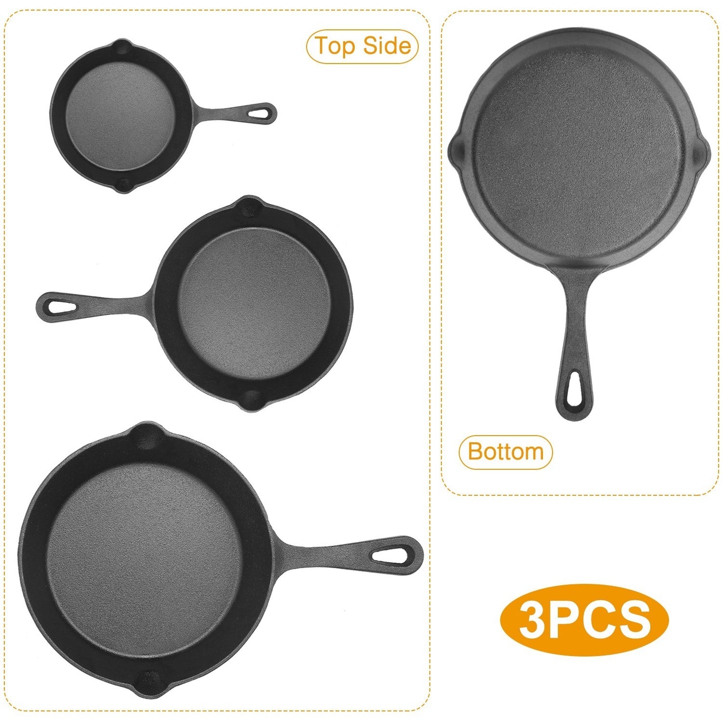 Pre-Seasoned 3 Piece Non Stick Cast Iron Skillet Set 6 inch 8 inch 10 inch Oven Safe Cookware Heat-Resistant Frying Pan