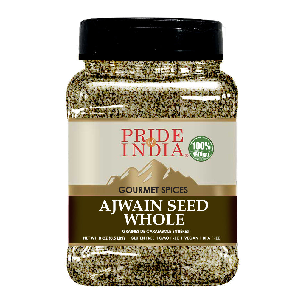 Pride of India – Ajwain Seed Whole – Gourmet Carom Seeds – Flavoring agent for Savory Dishes – Aromatic & Nutrient Dense – Easy to Use – 8 oz. Medium Dual Sifter Jar