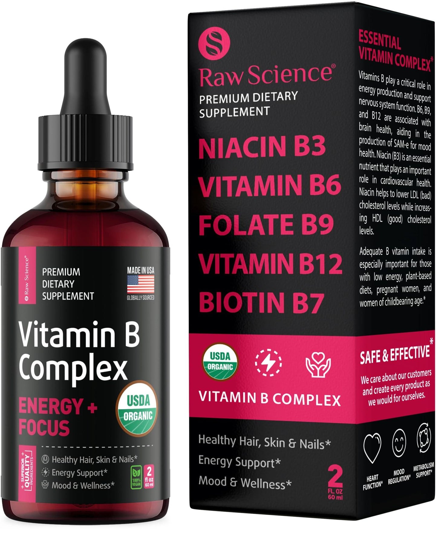 Liquid Vitamin B Complex Supplement for Women and Men Vitamins B3 B6 B9 Folic Acid for Optimal Health Hair Skin Nails Support Vegan Super B Complex 2oz