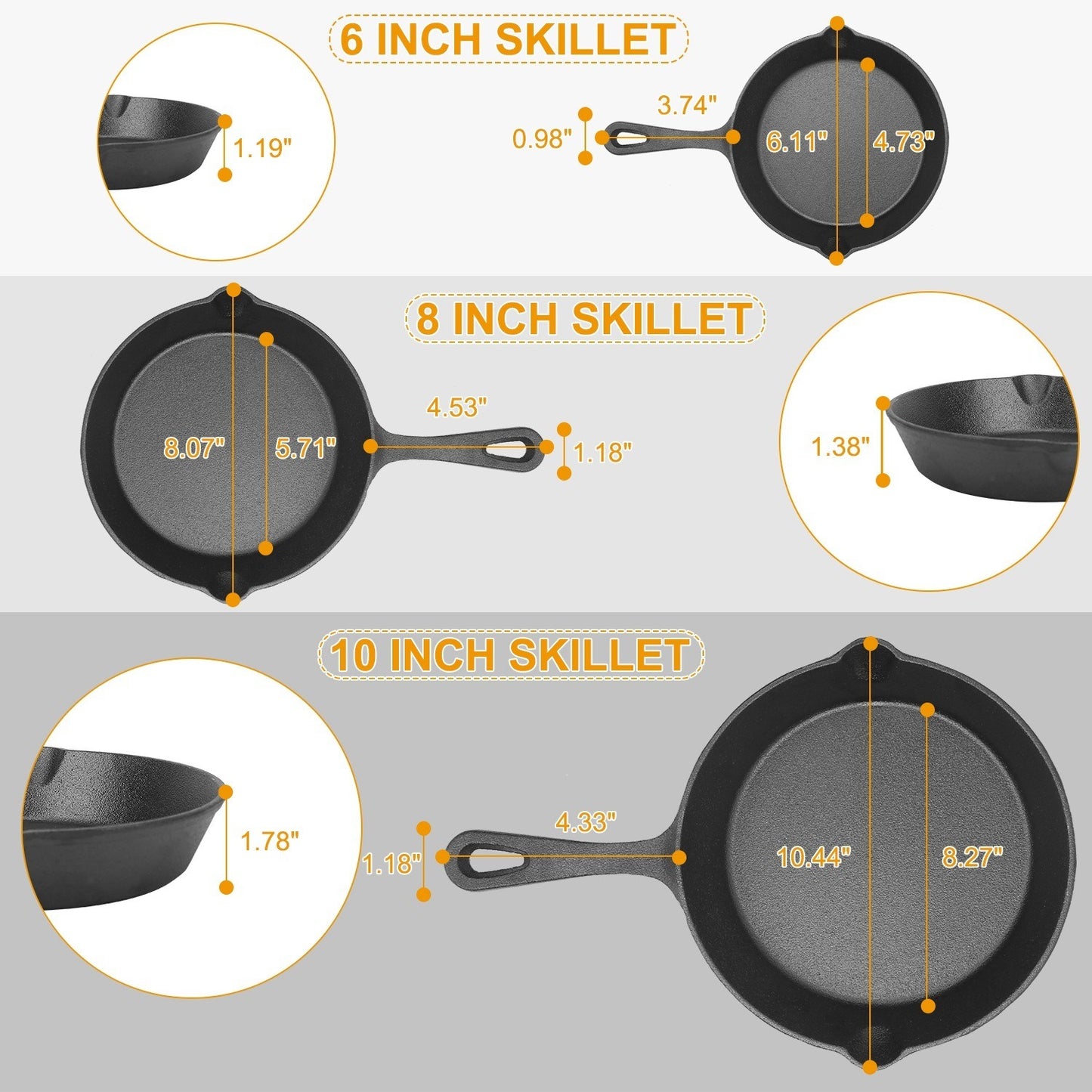 Pre-Seasoned 3 Piece Non Stick Cast Iron Skillet Set 6 inch 8 inch 10 inch Oven Safe Cookware Heat-Resistant Frying Pan